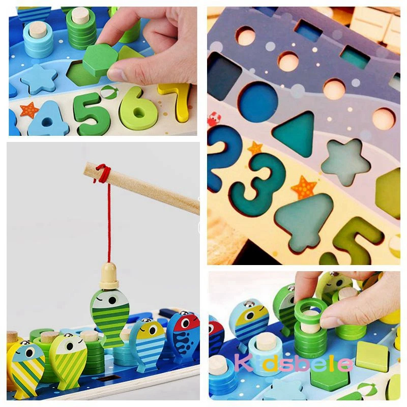 Kids Montessori Math Toys For Toddlers Educational Wooden Puzzle Fishing Toys Count Number Shape Matching Sorter Games Board Toy - Image 5