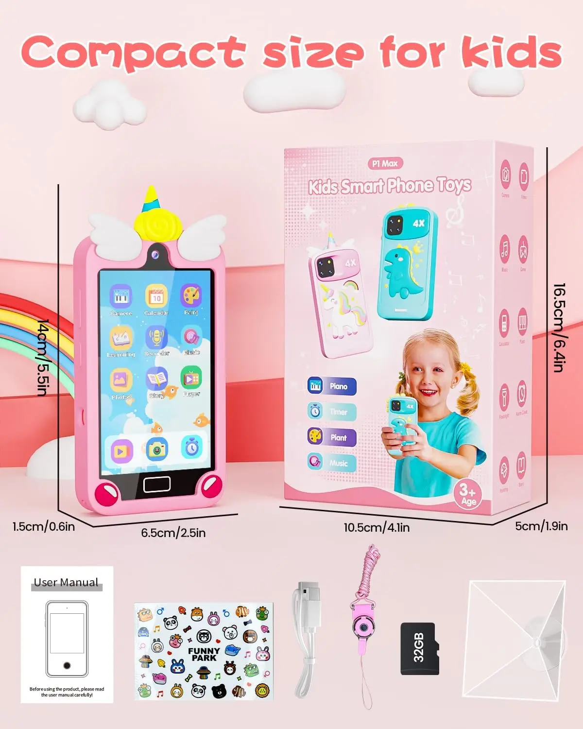 Kids Smart Phone for Girls with 4.0" Large Touchscreen, 32G Card Gifts for Kid Toys, Toddler Learning Toy, Dual Lens(Pink) - Image 6