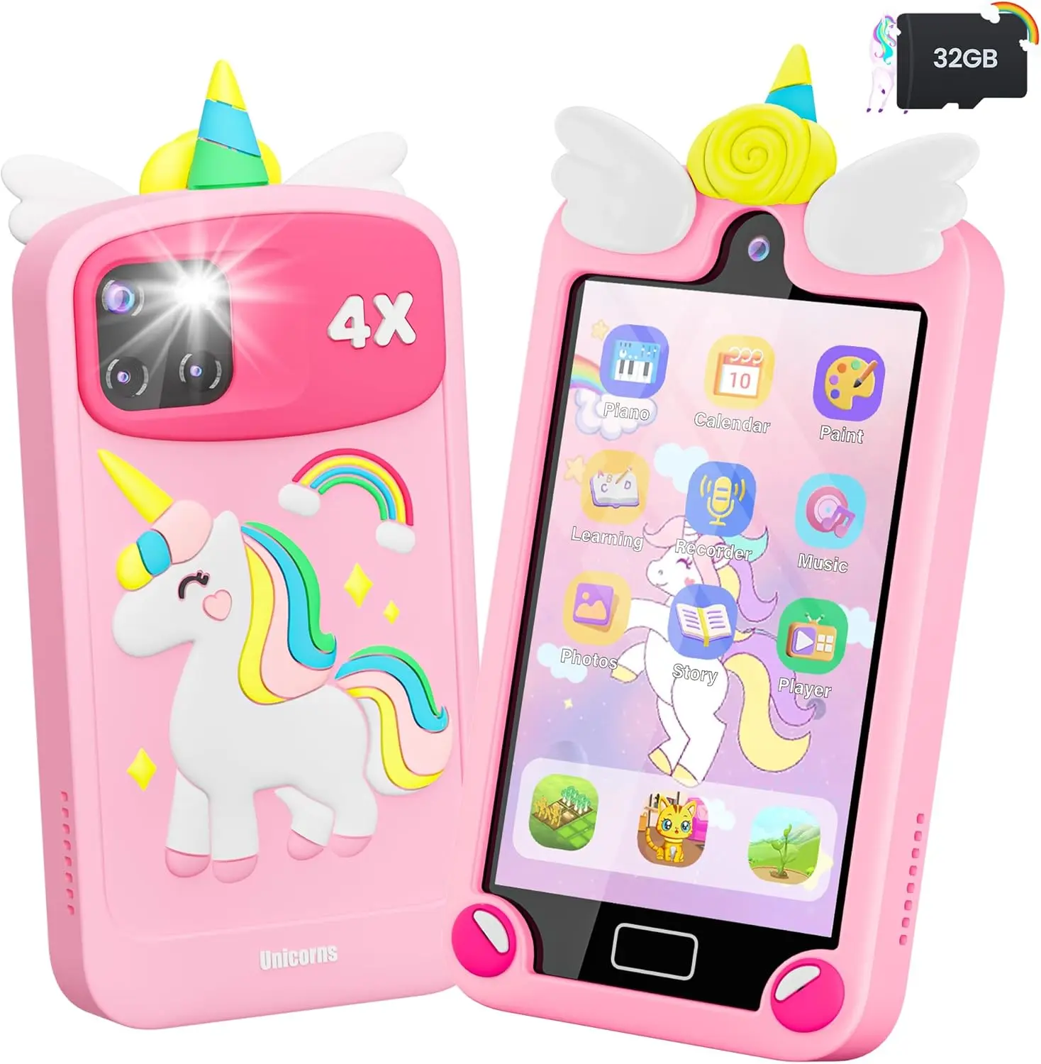 Kids Smart Phone for Girls with 4.0" Large Touchscreen, 32G Card Gifts for Kid Toys, Toddler Learning Toy, Dual Lens(Pink)