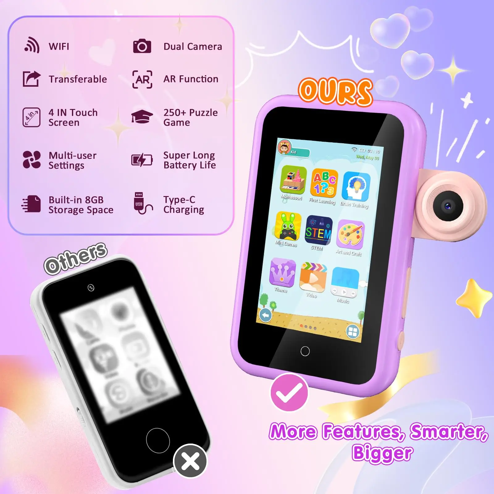 VATOS Smart Phone Toy-4" Large Touchscreen Mermaid Style Cell Phone with Dual Camera Music Game Toy Birthday Gift for kids3+ - Image 2