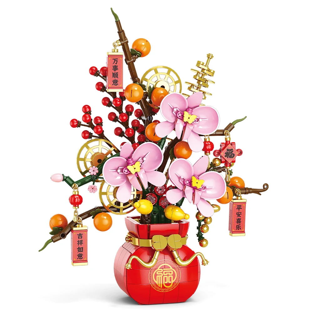 City Creativity Flower Bouquet Peach Blossom Narcissus Bonsai Potted Plant Building Blocks Model Home Decoration Toy For Kids - Image 3