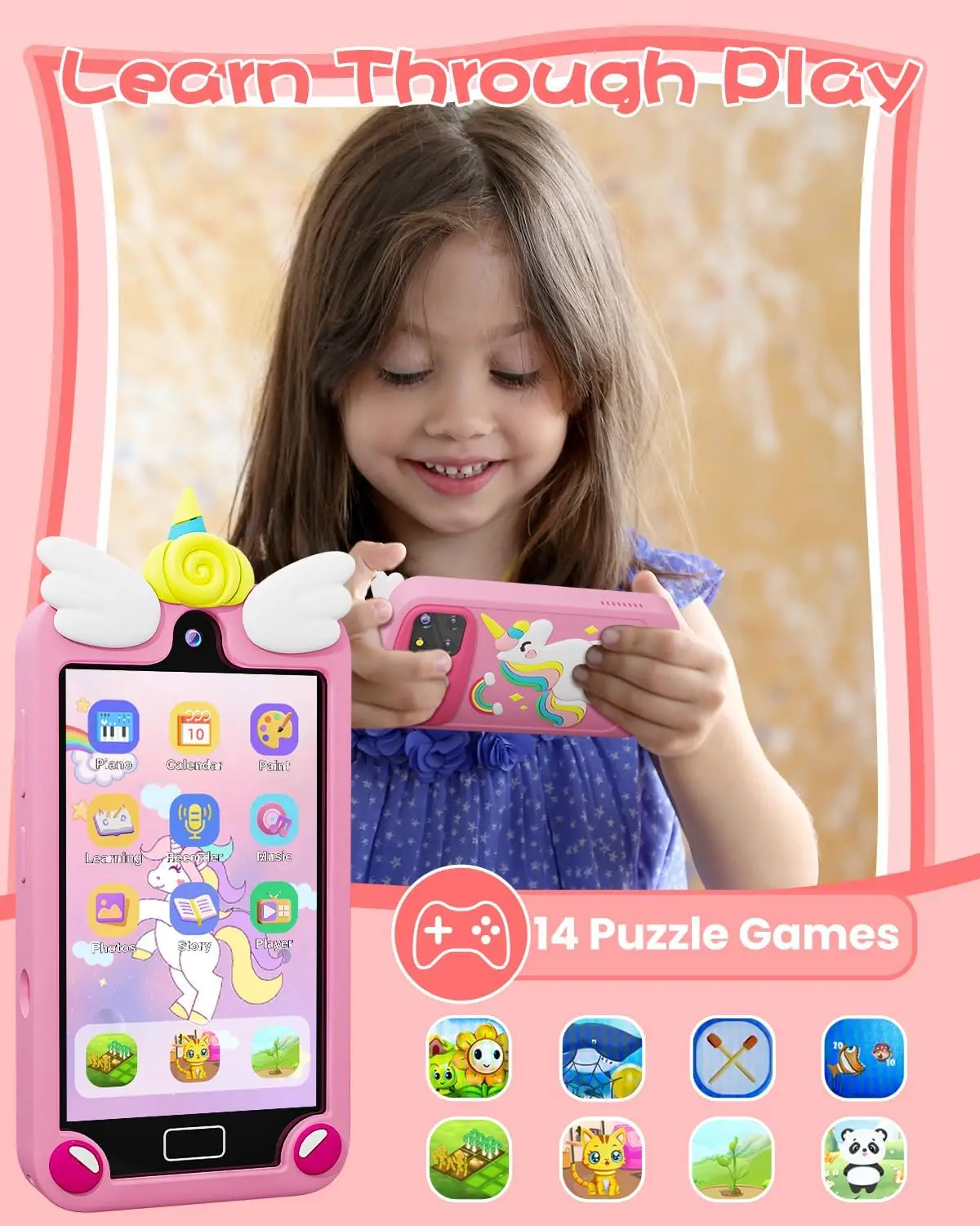 Kids Smart Phone for Girls with 4.0" Large Touchscreen, 32G Card Gifts for Kid Toys, Toddler Learning Toy, Dual Lens(Pink) - Image 3